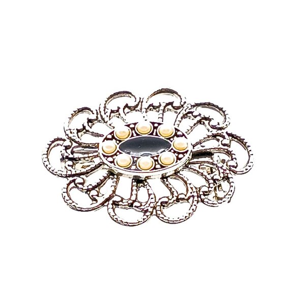 Vintage Filigree Oval Brooch with Seed Pearl and Black Enamel Center - Picture 2 of 3